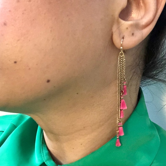 Dangling Gold Finish Earrings with Pink Tassels - Picture 2 of 4